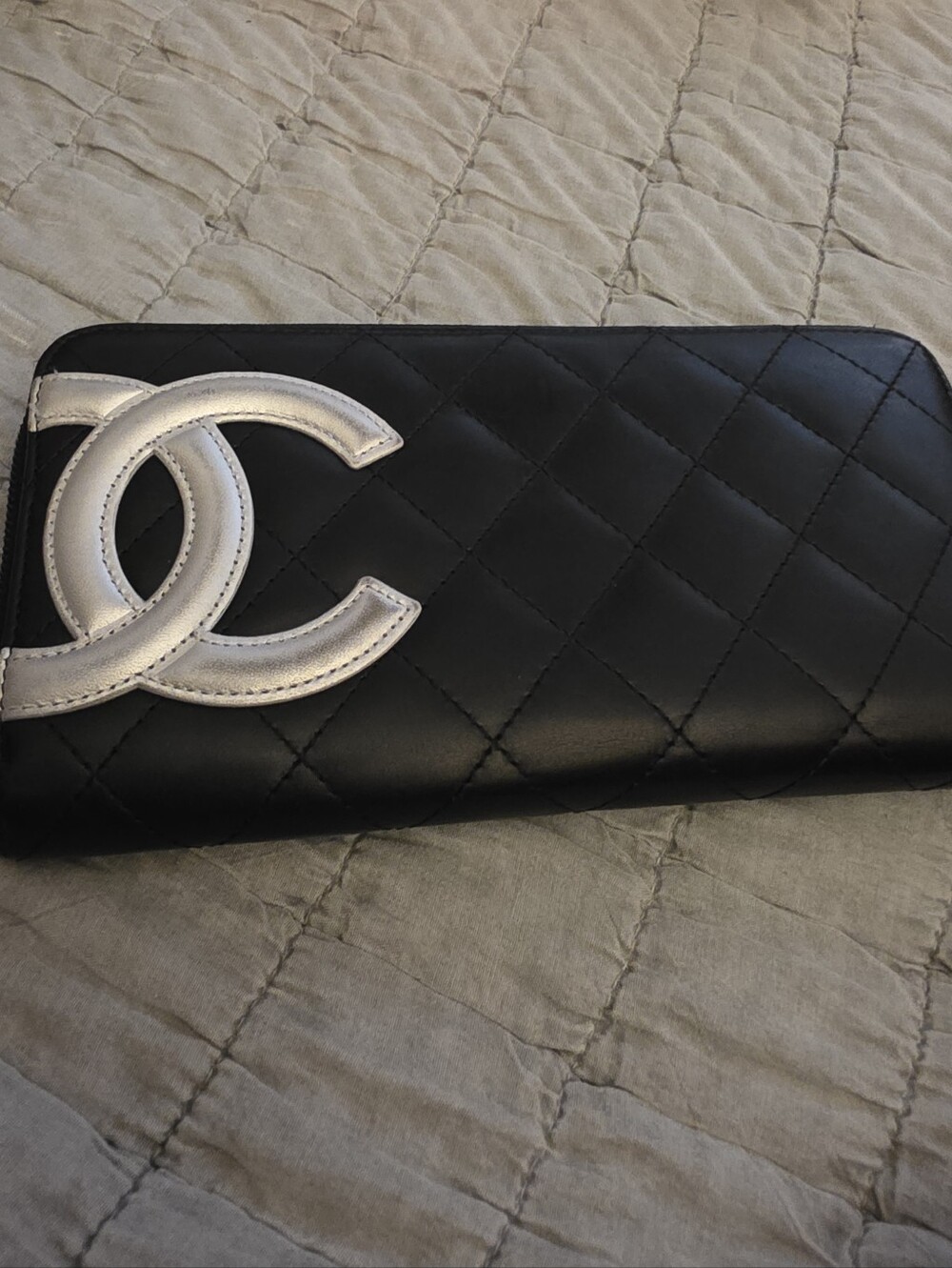ChanelCalfskin Quilted Cambon Large Gusset Zip Around Wallet Silver LOGO
